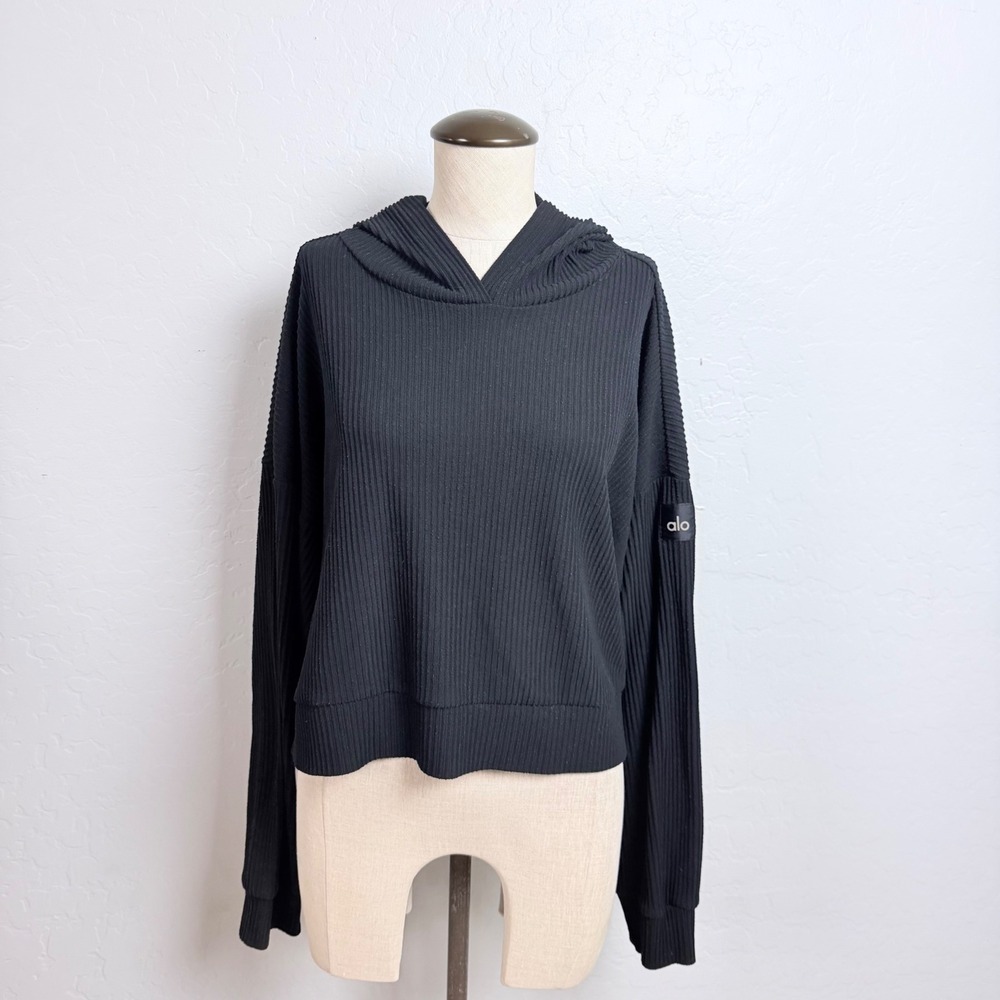 Alo Yoga Muse Hoodie Black Ribbed Knit Cropped Pullover Oversized Medium